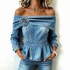 Women's Off Shoulder Denim Top with Floral Embellishment, Waist-Cinching Slimming