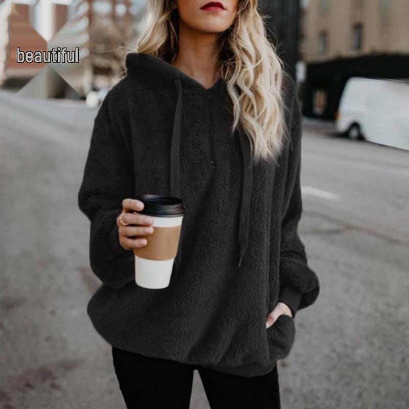 European and American Women's Solid Color Long Sleeve Hooded Fleece Sweatshirt Jacket (2024)