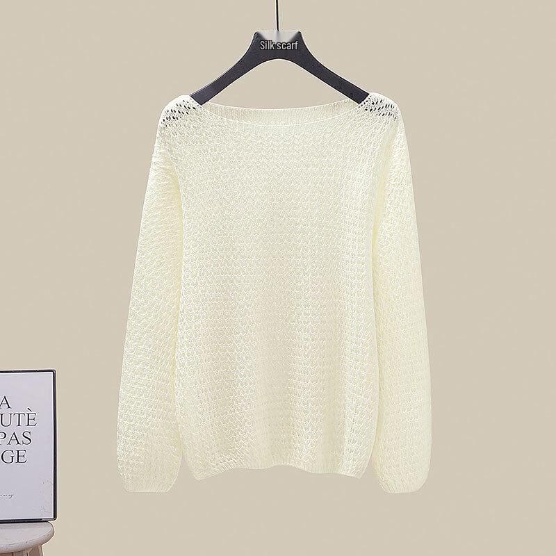 Sibaisha Women's Hollow Knit Drop-Shoulder Long Sleeve Sweater
