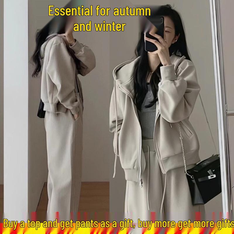 Women's Hong Kong Style Autumn-Winter Casual Sweatshirt & Wide-Leg Pants Set - Age-Reducing, Slimming, Hooded Two-Piece for Running