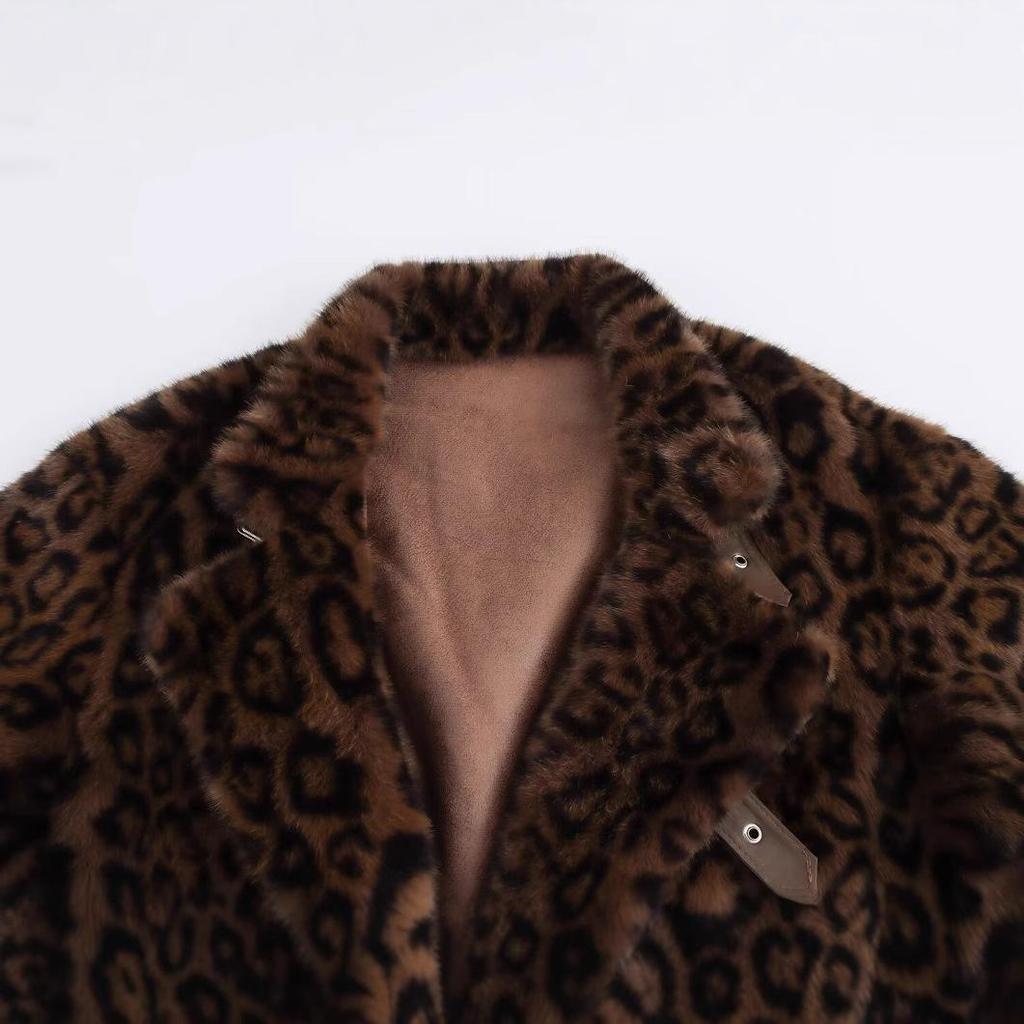 2024 Autumn Women's European & American Style Leopard Print Faux Leather & Fur Jacket