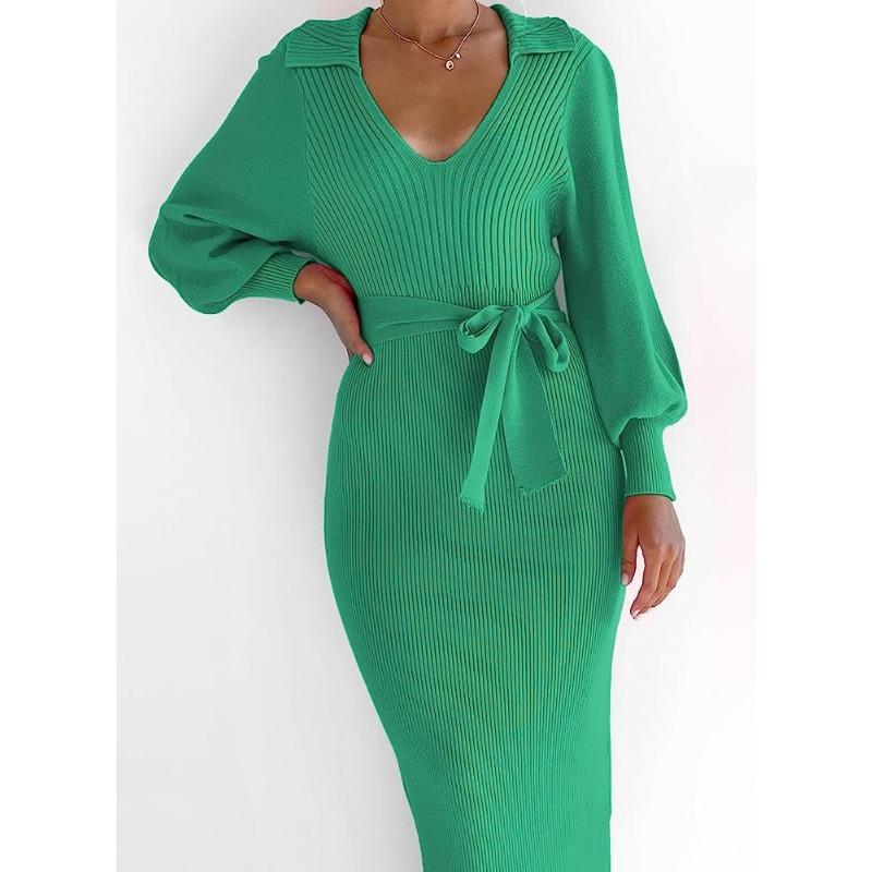 Autumn and Winter Women's Sweater Dresses Medium Long Sweater Dress Elegant Long Sleeve V-Neck Sexy Knit Tight Lace-up Dresses