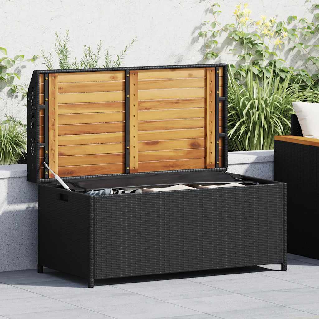 Storage Bench Black 100x50x52 Cm Poly Rattan Acacia Wood