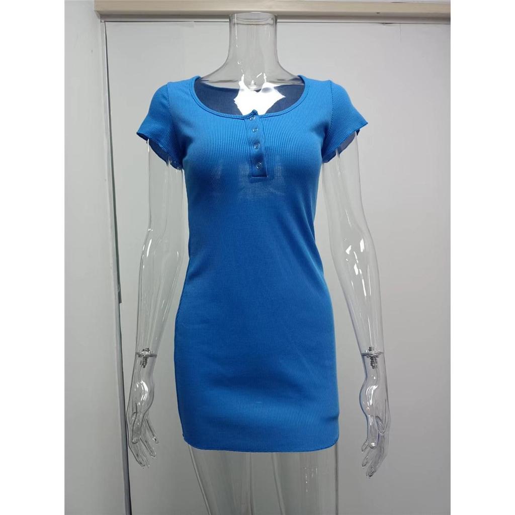 Damen Sommer Kurzarm Knopf U-Ausschnitt Lässig Einfach Figurbetont Sexy Kurzes Kleid Kleidung Sale