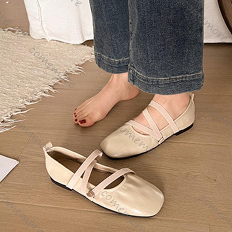 Comemore Spring Ballet Flat Shoes Women Soft Leather Square Toe Flat Mary Janes Shoe Casual Cross Strap Solid Flats Single Shoes