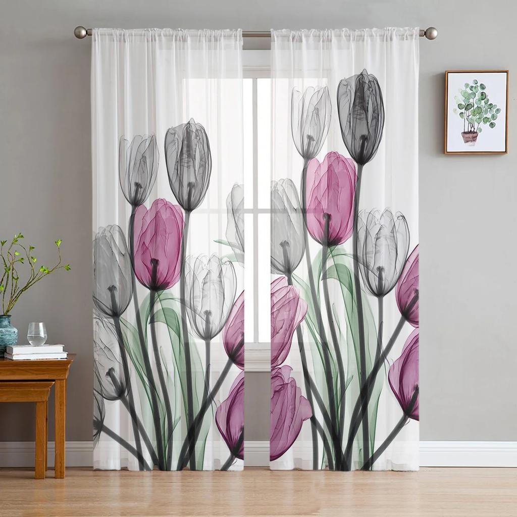 2 Panels Custom Flower Voile Curtain Tulip Pink Purple Flower Print Curtain for Bedroom Living Room Window Curtain Sheer Drape