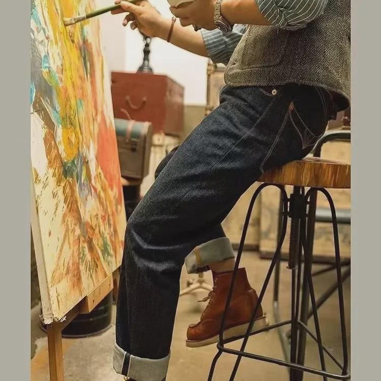 Blugi bărbați americani retro groși cu picior drept, denim kaki cu selvedge roșu pentru iarnă