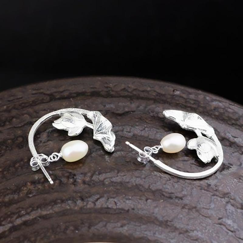 Three-Dimensional Craft Carving Lotus Pearl Earrings Chinese Style Retro Unique Light Luxury Female Jewelry