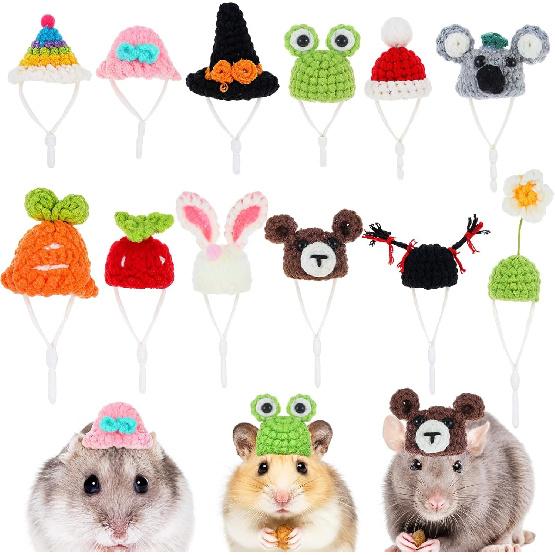 12Pcs Hamster Hats Animals Tiny Hats Guinea Pig Snake Hat with Adjustable Strap Small Cute Hand Knitted Mini Party Hats for Stuffed Animals Christmas