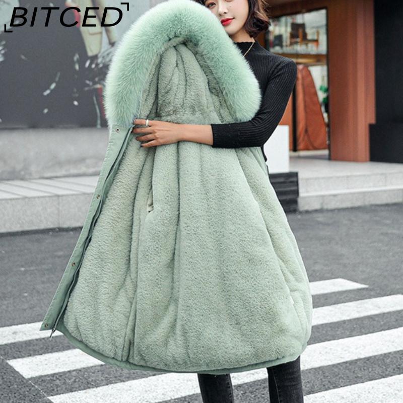 BITCED Women's Winter Mid-Length Cotton Coat with Fleece Lining, Large Fur Collar, Plus Size, Short Waist-Defining Jacket