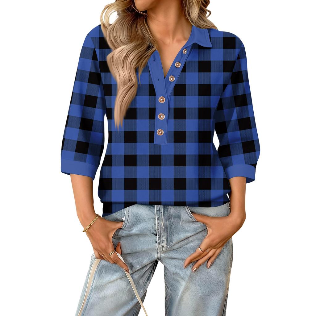 Blusa feminina moda verão casual gola V retalhos manga três quartos estampa xadrez