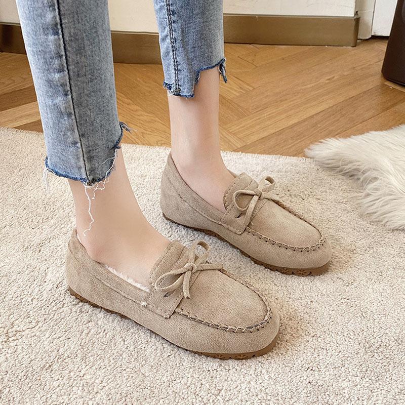 Winter Shoes Women Casual Flat Shoes Women's Moccasins Soft Loafers Classic Warm Plush Bow Slip On Female Cotton Shoes WSH5195