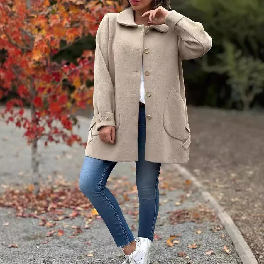 New Autumn Winter Women's Lapel Collar Solid Color Casual Bowknot Woolen Coat