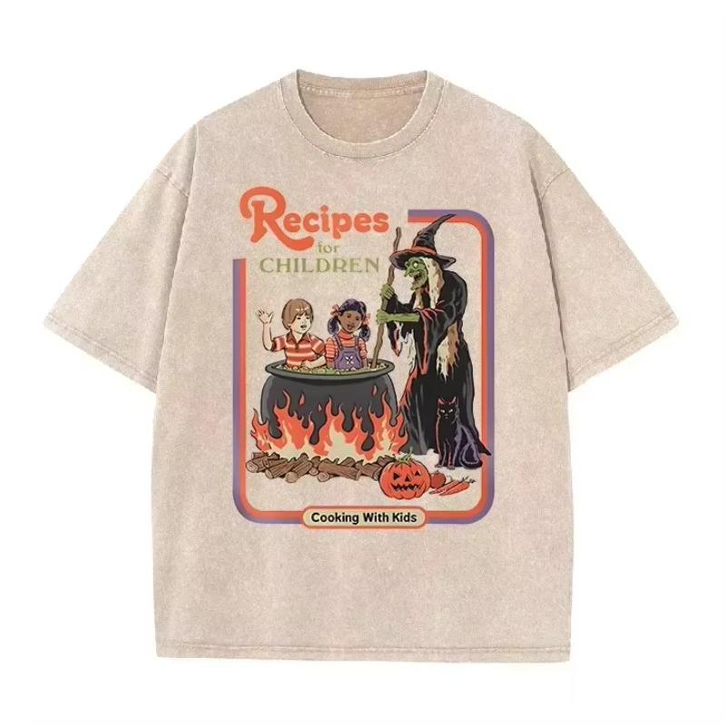 Washed Purple Retro Halloween Witch Cauldron Jack O Lantern Loose Tee