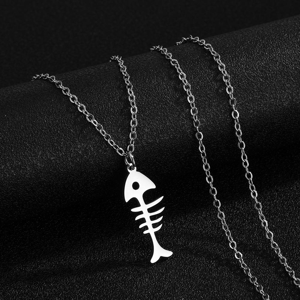Unisex Fish Bone Pendant Necklace with Stainless Steel Earrings – Stylish and Simple for Everyday Wear