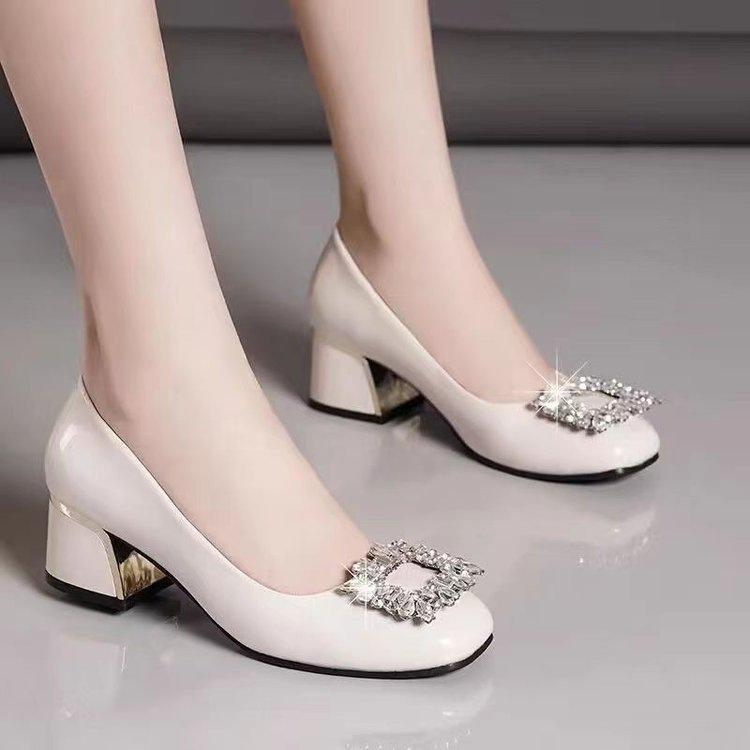 French single shoes new autumn soft leather square head square buckle rhinestone thick heel temperament high heels