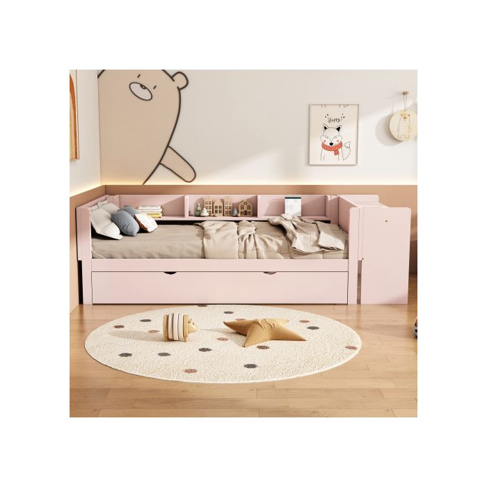 Lit Avec Lit Gigogne - MUVOE - 90x200cm - Rose - Bureau Intégré - 3 Étagères De Rangement