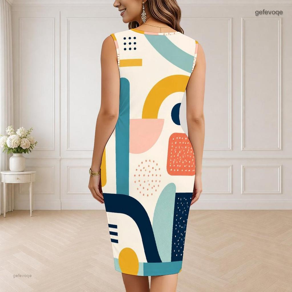 Women Plus Size V Neck Sleeveless Grey Black Blue Geometric Printed Bodycon Midi Dress