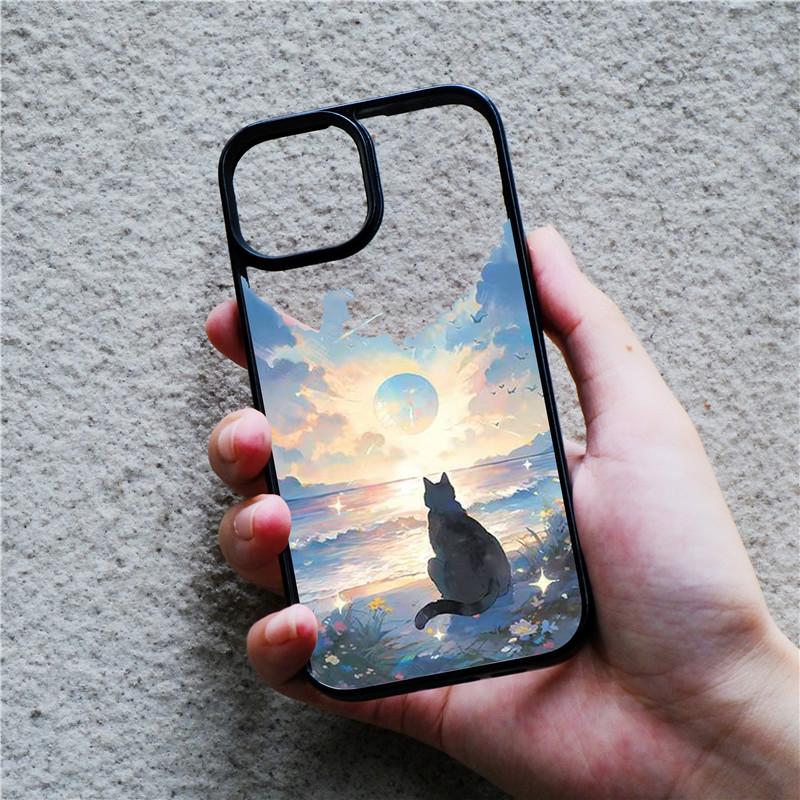 Luxury Scene Lovely Cat Case For IPhone 13 11 12 14 15 Pro Max 7 8 Plus XR XS Max Woman Cute Clear Back Cover Phone Accessories