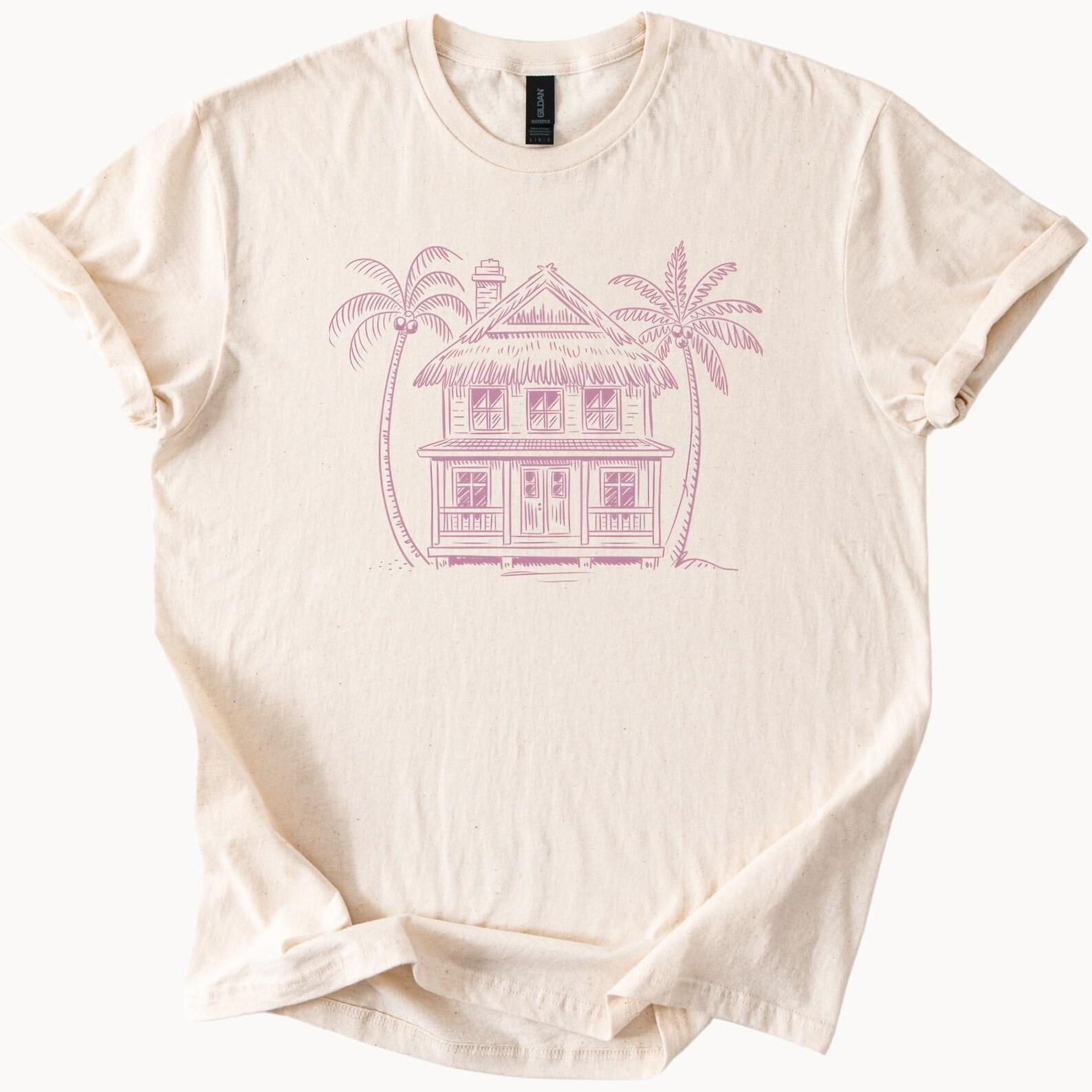 Beach House Graphic T Shirt Palm Trees Coastal Cottage Drawing Summer Vacation Home Tee Ocean House Shirt Relaxed Fit Soft Cotton 140