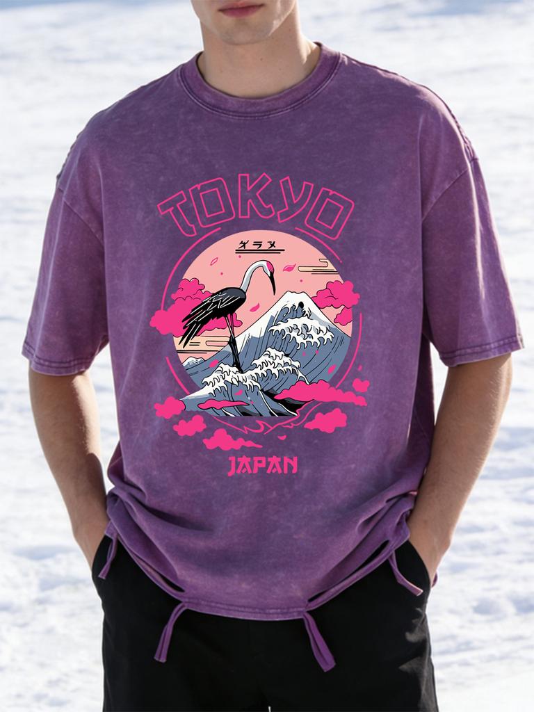 Tokyo Japan Crane Waves Prints Washed TShirts Womens Cotton Oversize T Shirt Summer ONeck Short Sleeve Tops Casual Clothes