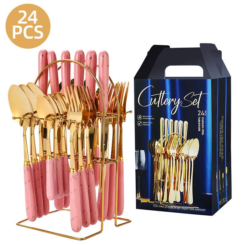 24pcs Mixed Cutlery Set Stainless Steel Ceramic Handle Tableware Dinnerware Set with Storage Stand-Knives/Spoons/Forks/Teaspoons for Family