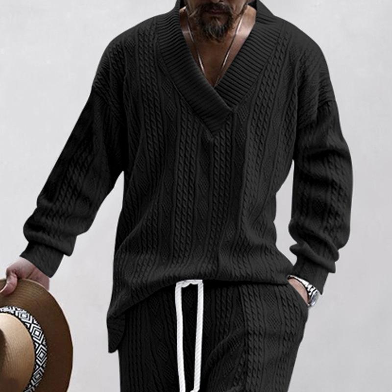 Spring and Autumn New Men's Jacquard Loose Knit Solid Color Casual V-neck Long Sleeve Knitted Sweater