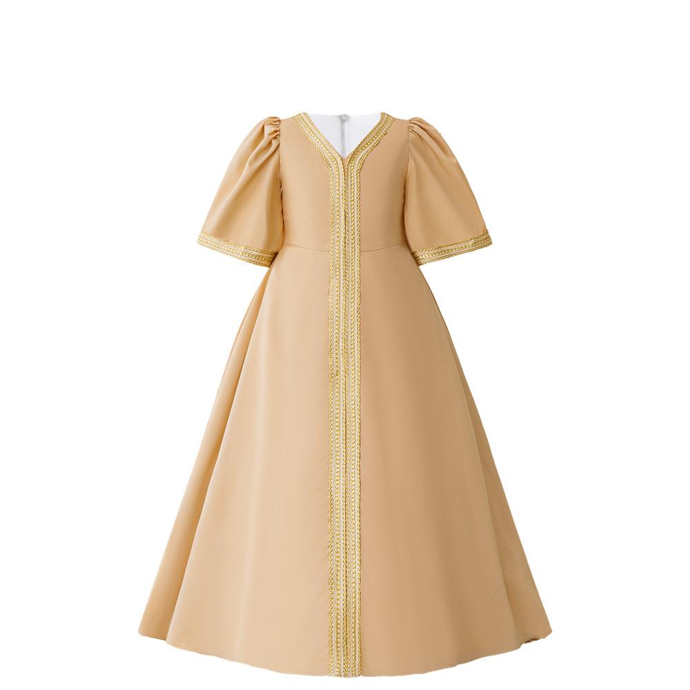 Abaya Arabic Robe Girls Dress Golden Lace Simple Fashion Children's Dress