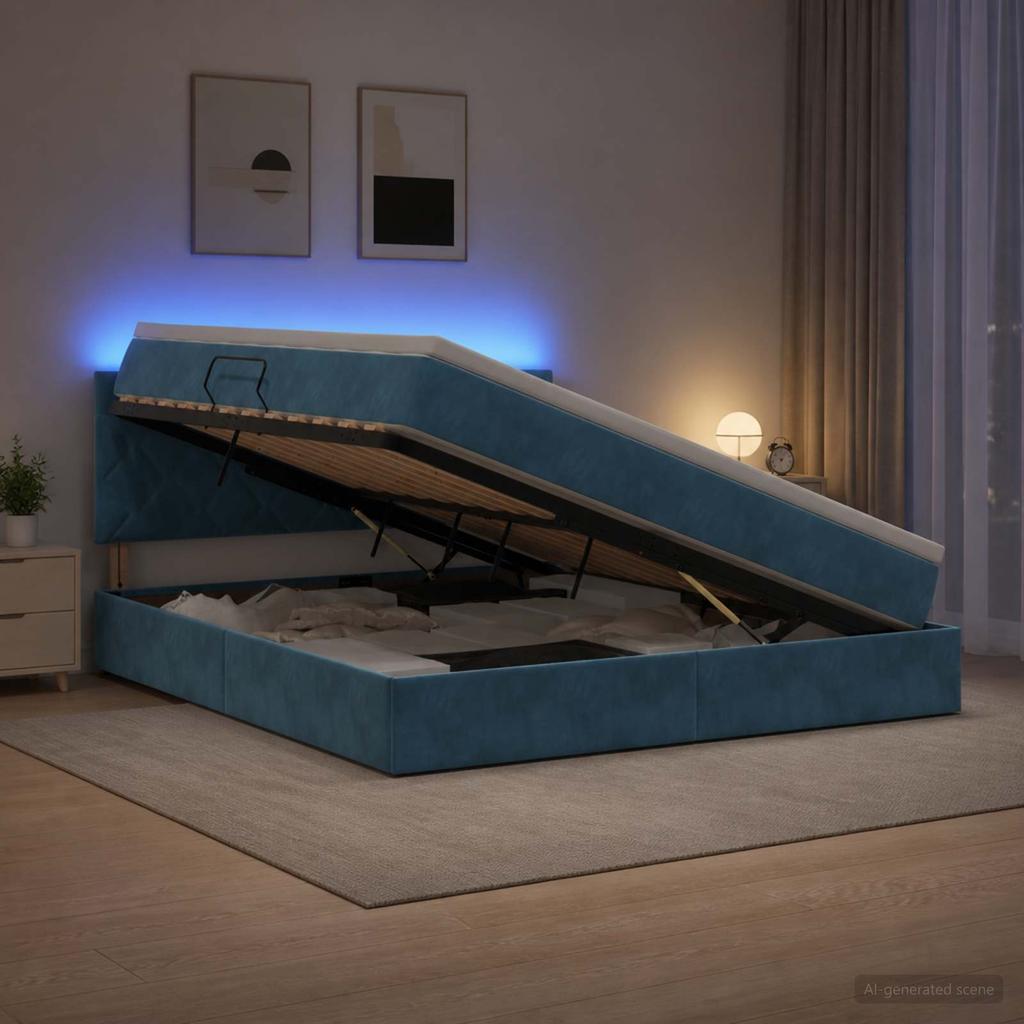 LED Storage Bed with Mattress Dark Blue 160 X 200 Cm Velvet