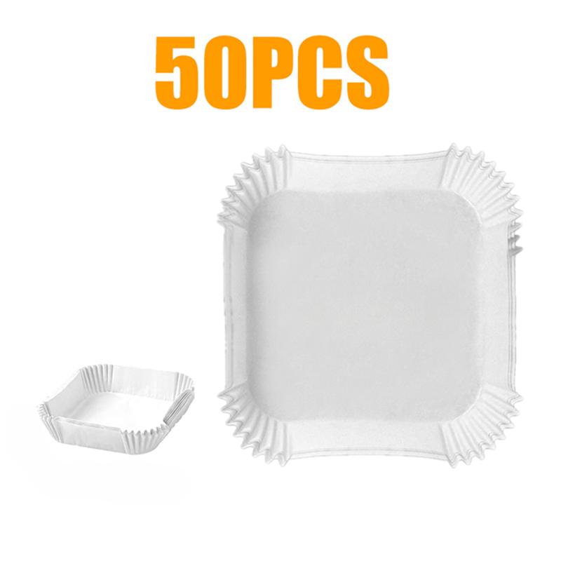 50 sztuk jednorazowych papierowych wkładek do frytkownicy beztłuszczowej, papierowa tacka olejoodporna, nieprzywierająca mata do pieczenia, akcesoria do frytkownicy beztłuszczowej, kwadratowe/okrągłe