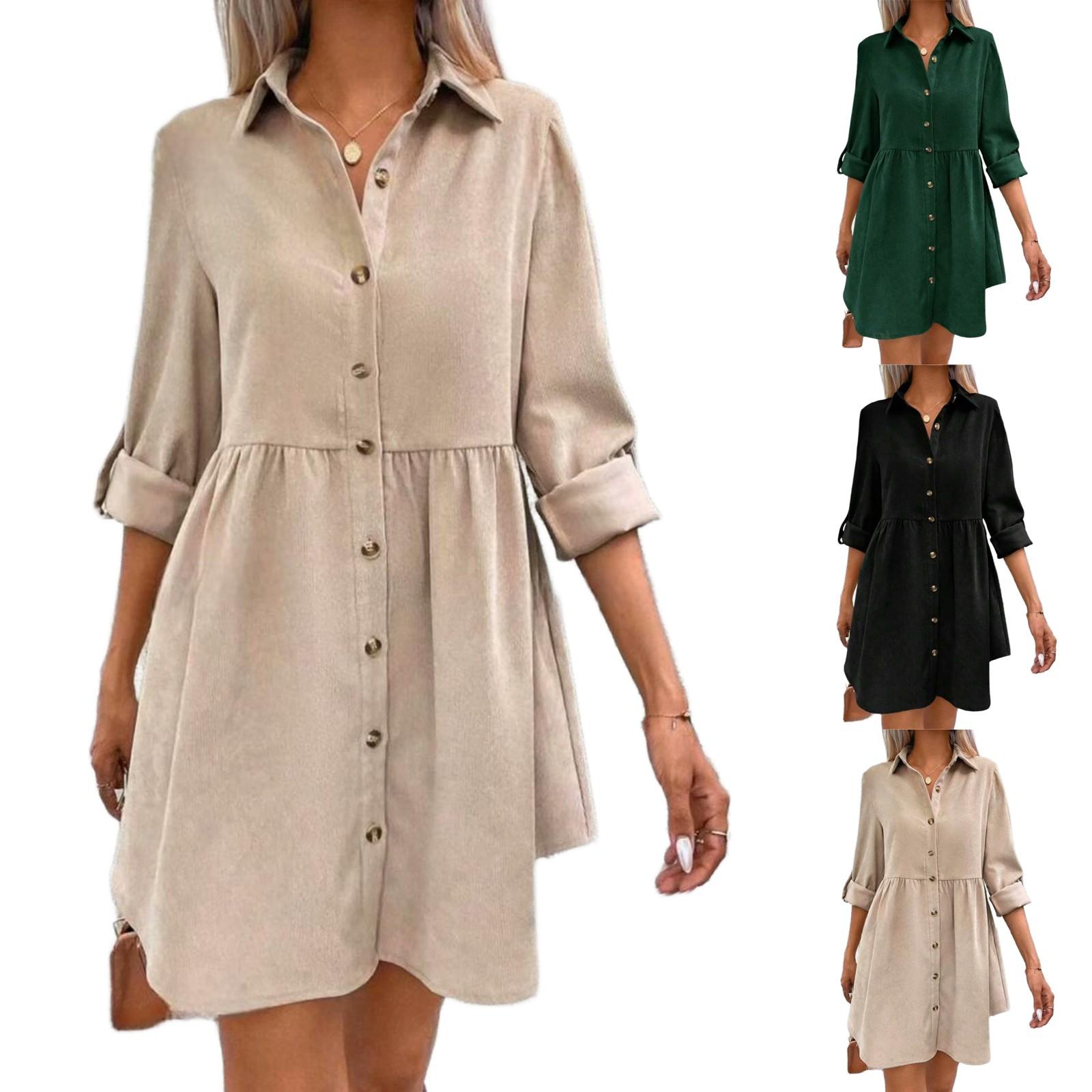 

Women s Casual And Fashionable Long Sleeved Lapel Single Breasted Skirt Type Shirt Dress XL зелений