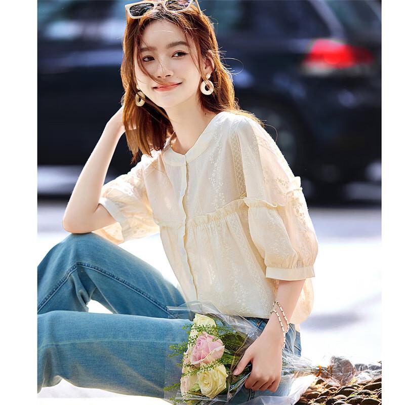 Sweet Embroidered Puff Sleeve Round Neck Blouse L