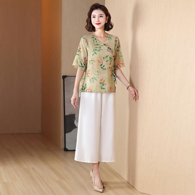 

Летний комплект из рами с принтом для женщин среднего возраста - Топ с рукавами длиной пять восьмых и брюки широкого кроя, легкий и стильный 4XL (approx. 135-145 jin) зелёный