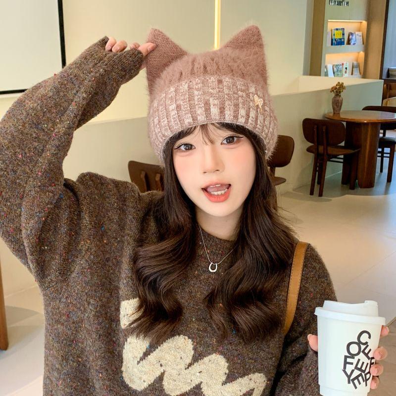 Cute Cat Ears Wool Hat Women's Autumn and Winter New Thick Warmth Outdoor Cold Proof Versatile Knitted Hat