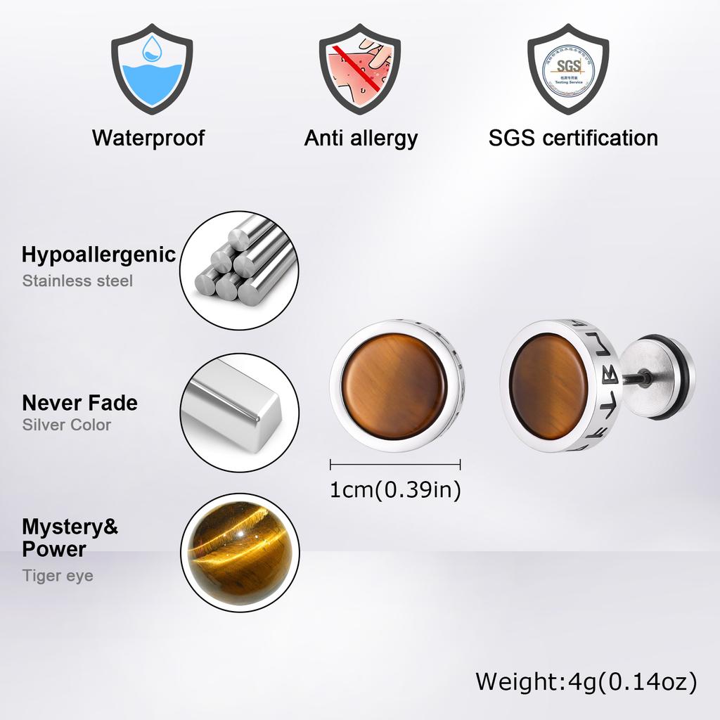 Viking Round Stone Stud Earrings for Men Boys,Anti Allergy Stainless Steel Tiger Eye Stone Stud Earrings Gift