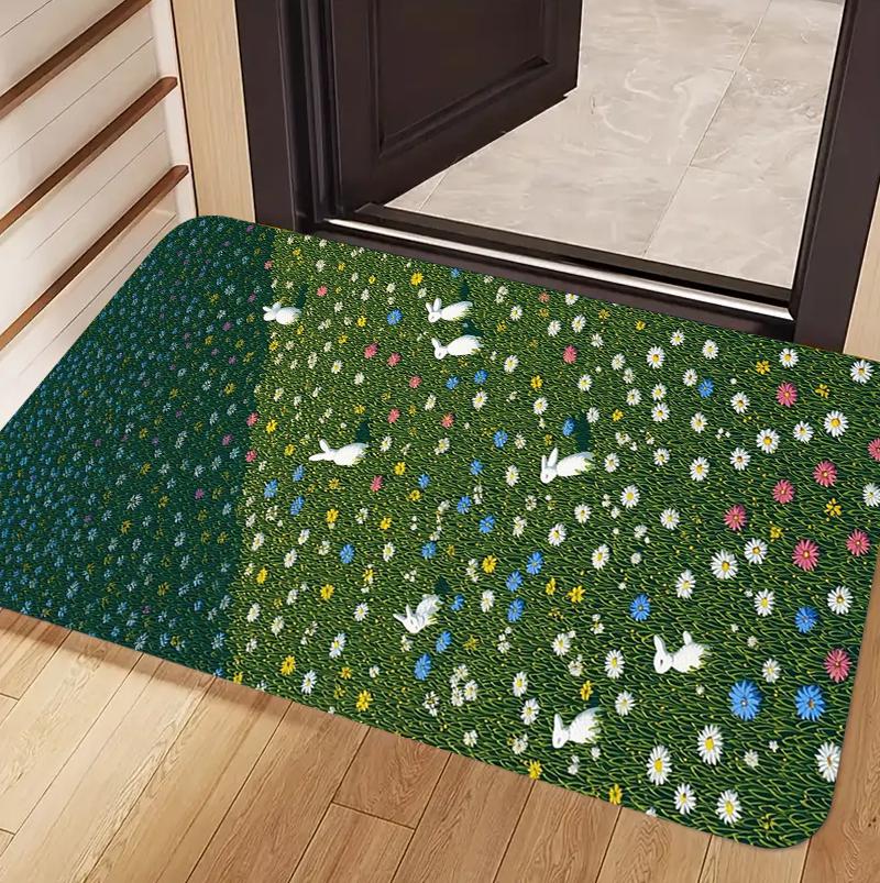 Impressionist Floral Meadow Doormat Carpet Rug Daisy Wildflower Rabbit Pattern Non Slip Decorative Floor Mat for Home Entryway