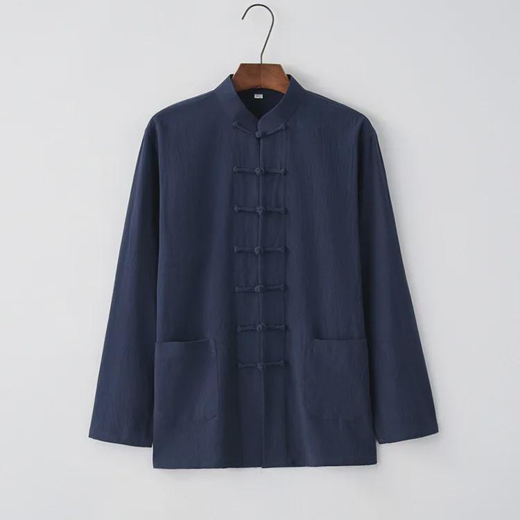Men's Chinese-Style Tang Suit Cotton-Linen Top: Long-Sleeve Hanfu Shirt for Youth, Middle-Aged, and Elderly - Spring/Autumn Traditional Jacket