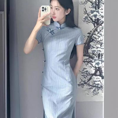 Evening Mist 2024 Summer Striped Cheongsam Dress: Short-Sleeve, Age-Reducing Everyday Wear