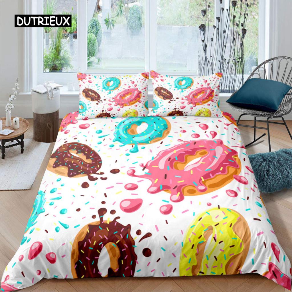Donut Bettbezug-Set Dessert Lebensmittel Thema Bettdeckenbezug Bunter Druck 2/3-teilig Doppel Queen King Size Bettwäscheset für Kind Mädchen