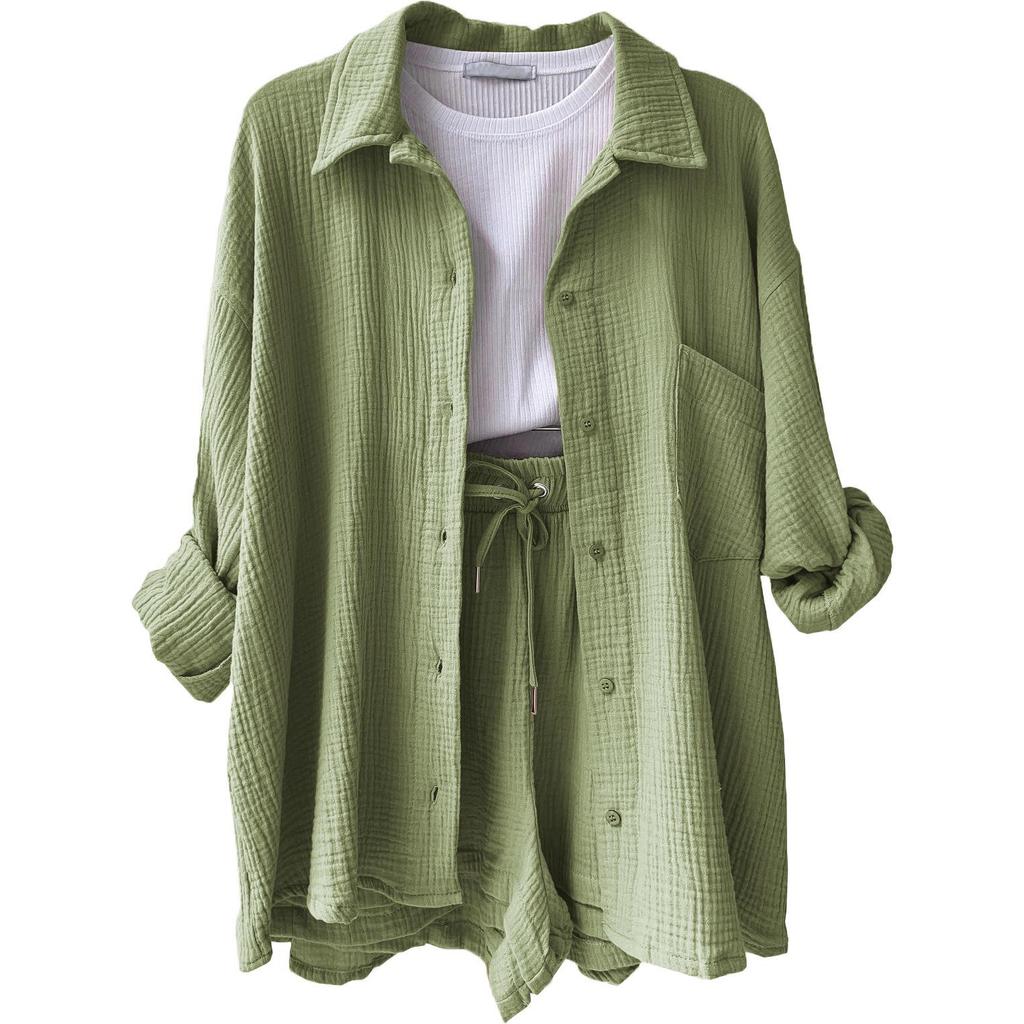 2024 Autumn Women's Two-Piece Set: Wrinkled Long Sleeve Shirt & High Waist Drawstring Shorts