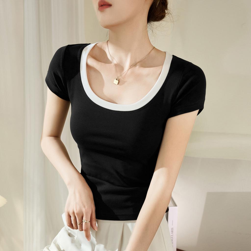 Summer Women's Sense of Short-sleeved Thin Collision Colour Big U Neck Cotton T-shirt