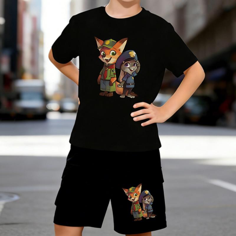 

Boys 2 Piece Cartoon Fox and Rabbit Printed Outfit, Short Sleeve T-Shirt and Shorts Set for Kids Age 5-14,Black and White Sporty Casual Summer Clothes 5-6 Years чёрный