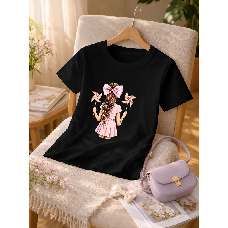 European Sizes Children's Summer Short-Sleeve T-Shirt, Cartoon Print Top for Girls, Featuring a Cute Design, Suitable for Outings and Daily