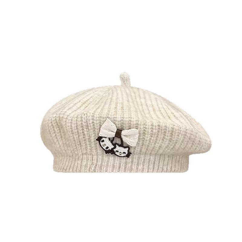 Japanese Cute Cat Knitted Beret Female Artistic Retro All Match Show Face Little Cloud Painter Hat Octagonal Hat