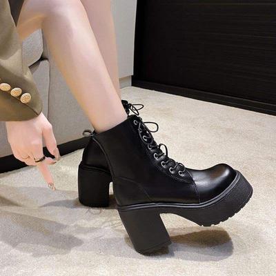 Round Head High-heeled Lace-up Martin Boots Women's Thick Heel 2025 Platform Short Boots Small Autumn and Winter Soft Leather Boots Women's Wide Feet