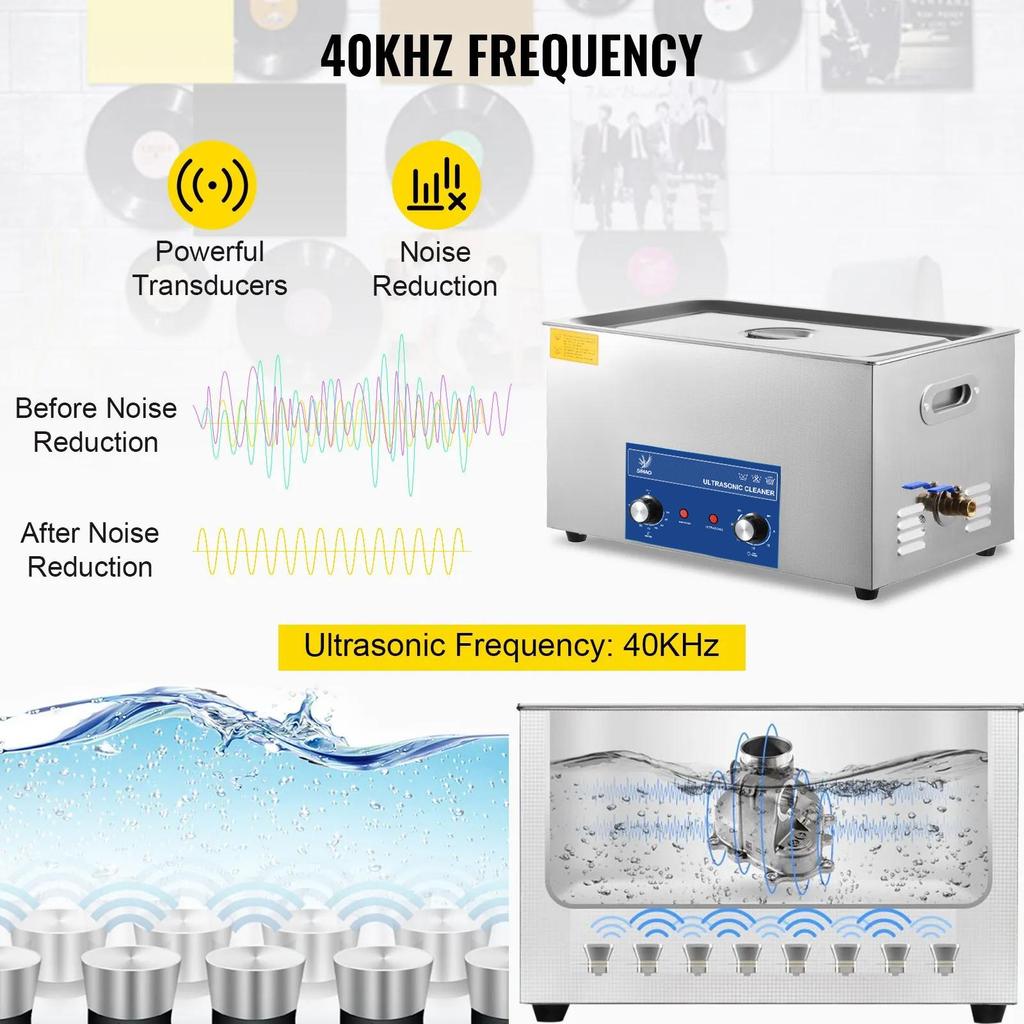 Pulitore Ultrasuoni 2-30L 40KHz con Riscaldatore Timer per Pulizia Gioielli Controllo a Manopola Occhiali Anelli Protesi Denti Strumenti Musicali