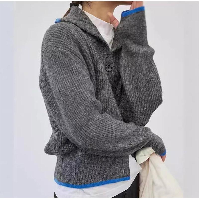 Contrast Knitted Cardigan Women Elegant Stand Collar Thicken Long Sleeve Single Breasted Lady Jumper 2025 Spring New Knitwear