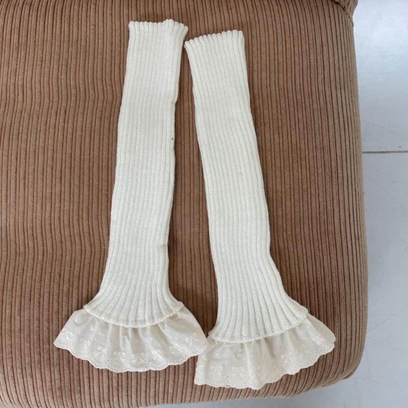 Ribbed Knitted Vertical Striped Leg Warmers Boot Cuffs Cute Ruffled Lace Hem Leg Covers Over Calf Long Socks for Women