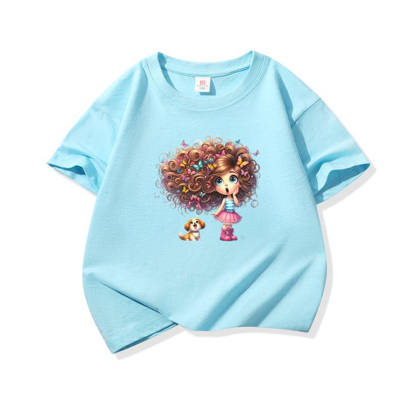 Kids Cotton T Shirt Girl With Floral Hair And Puppy Dog Print Crew Neck Short Sleeve Tee Casual Boys Girls Summer Tops