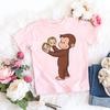T-shirt Kawaii per bambine Stampa cartone animato Scimmietta Curious George Abbigliamento per bambini T-shirt estive T-shirt per bambine Top rosa a maniche corte